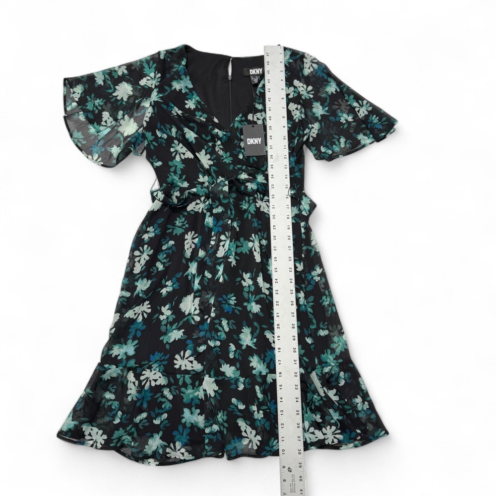 DKNY Floral Print Midi Dress Womens 10 NWT Flutter‎ Sleeve Tie Waist Black Green - Picture 5 of 9